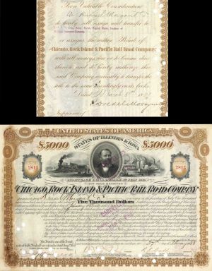 Chicago, Rock Island and Pacific Railroad Co.  Issued to Drexel Morgan and Co. - 1888 dated $5000 Bond