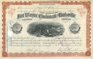 Fort Wayne, Cincinnati and Louisville Railroad Co. Signed by Elijah Smith - 1881 or 1890 dated Autographed Stock Certificate