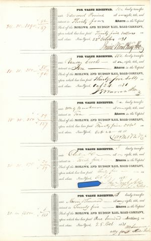 Uncut Sheet of 5 Mohawk and Hudson RR signed by William B. Astor for his Father, John Jacob Astor