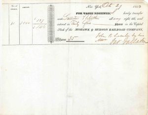Mohawk and Hudson Railroad Co. signed by Jas. Gallatin - 1833 or 1835 dated Autographed Stock Certificate