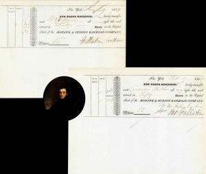 Pair of Mohawk and Hudson Railroad signed by James Gallatin - 1834 and 1836 dated Autographed Stock Certificates