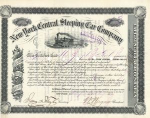 New York Central Sleeping Car Co. signed by W. Wagner - 1881 or 1882 dated Autographed Stock Certificate
