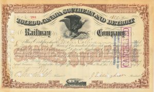 Toledo, Canada Southern and Detroit Railway Co. signed by Cornelius Vanderbilt (Jr.) - 1879 dated Autographed Stock Certificate
