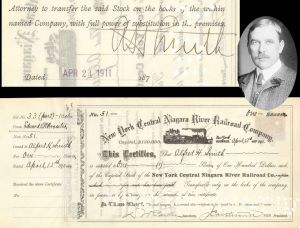 New York Central Niagara River Railroad Co. Signed by Alfred H. Smith - 1911 dated Autographed Stock Certificate