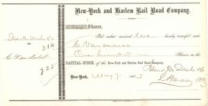 New York and Harlem Rail Road Co. issued to C. Vanderbilt - 1863 dated Railway Stock Certificate