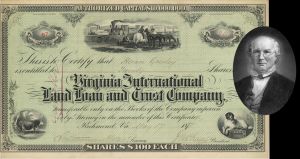 Virginia International Land Loan and Trust Co. Issued to Horace Greeley - 1871 dated Stock Certificate