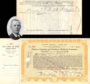 Geneva, Corning and Southern Railroad Co. signed by E.V.W. Rossiter twice - 1909 dated Autographed Stock Certificate