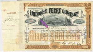 Hoboken Ferry Company Issued to J. Pierpont Morgan - 1890's dated Ferry Stock Certificate - New York and New Jersey