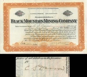 Black Mountain Mining Co. Issued to and Signed by Clarence S. Darrow - 1906 dated Autograph Stock Certificate