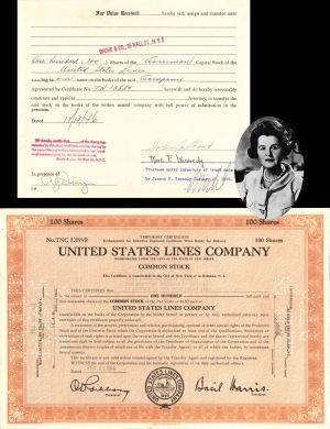 United States Lines Co. signed by Rose F. Kennedy for Trust of Joseph P. Kennedy - 1944 dated Autograph Shipping Stock Certificate