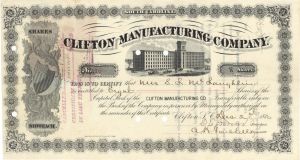Clifton Manufacturing Co. Signed by Dexter Edgar Converse - 1880-1897 dated Autographed Stock Certificate