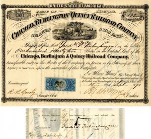 Chicago, Burlington and Quincy Railroad Co. signed by Frederick T. Frehinghuysen - Stock Certificate