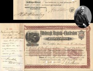 Pittsburgh, Virginia and Charleston Railway Co. signed by Andrew W. Mellon twice -1890 dated Autographed  Stock Certificate