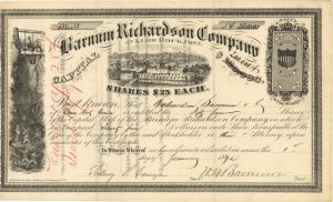 Barnum Richardson Co. at Lime Rock, Conn. Signed by W.H. Barnum - 1872 dated Autographed Stock Certificate