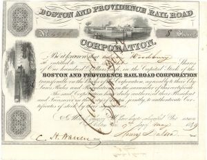 Boston and Providence Railroad Corp. Issued to Levi Woodbury - 1849 dated Stock Certificate