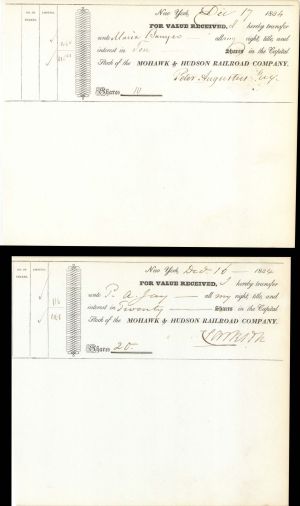 Pair of Mohawk and Hudson Railroad Co. Stock Transfers - 1 Issued to P.A. Jay and 1 Signed by Peter Augustus Jay - 1834 dated Autographed Stock Certificate