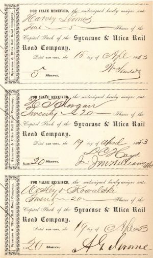 Syracuse and Utica Rail Road Co. signed by A. G. Jerome -  Sheet of Three 1853 dated Stock Transfer Receipts 