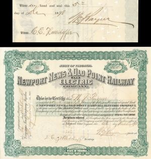 Newport News and Old Point Railway and Electric Co. signed by W.J. Payne - 1898 dated Autographed Stock Certificate