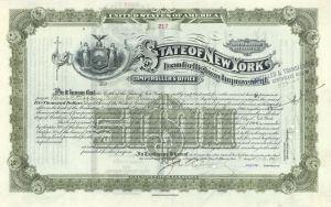State of New York Issued to Louis Comfort Tiffany not signed - 1914 dated $5,000 Bond