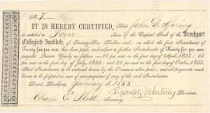 Brockport Collegiate Institute signed by Eliphalet Whitney - 1855 dated Autographed Stock Certificate