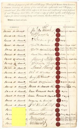 Hudson River Railroad Bond Receipt Sheet signed by Matthew Vassar Jr. twice - 1859 dated Autographed Document