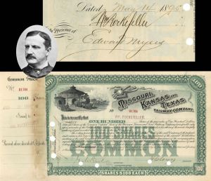 Missouri, Kansas and Texas Railway Co. Issued to and Signed by William Rockefeller - The Katy - 1891 dated Autograph Railroad Stock Certificate
