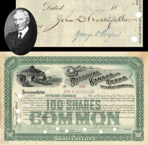 Missouri, Kansas and Texas Railway Co. Issued to and Signed by John D. Rockefeller - The Katy - 1891 dated Autograph Railroad Stock Certificate
