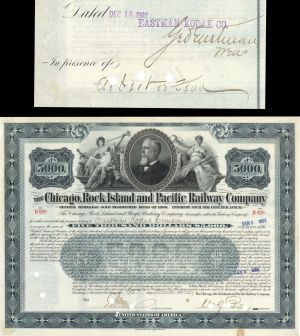 Chicago, Rock Island and Pacific Railway Signed by Geo Eastman - 1899 dated $5,000 Bond