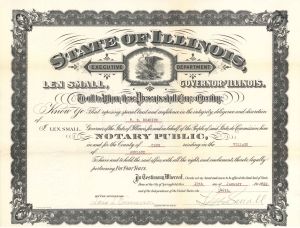 State of Illinois Certificate signed by Louis L. Emmerson and Len Small, Both Illinois Governors - 1922 dated Autographed Certificate