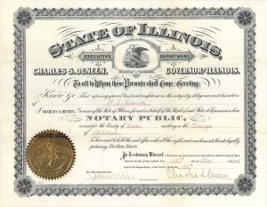 State of Illinois Certificate signed by Charles S. Deneen, Governor of Illinois - 1905 or 1910 dated Autograph
