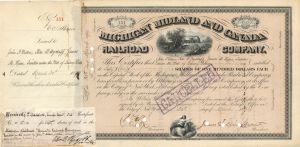 Michigan Midland and Canada Railroad Co. Issued to Will of Sidney Dillon - 1894 dated Stock Certificate