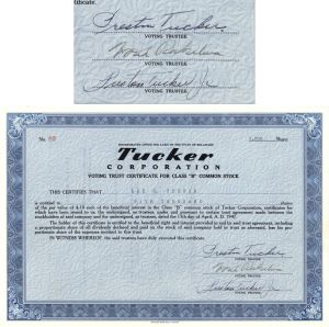 Tucker Corporation signed by Preston Tucker and Preston Tucker Junior - 1947 dated Voting Trust Certificate - Only 8 Discovered