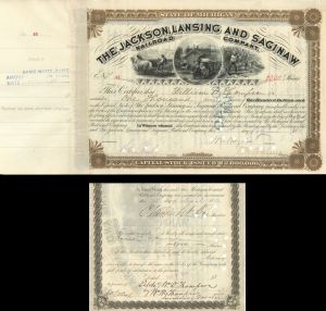 Jackson, Lansing and Saginaw Railroad Co. signed by C. Vanderbilt - Autographed Stock Certificate