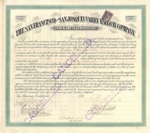 San Francisco and San Joaquin Valley Railway Co. signed by B. Spreckles - 1895 dated Autographed Stock Certificate
