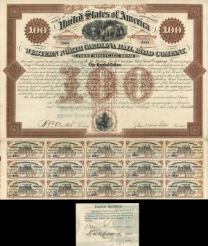 Western North Carolina Rail Road Co. - Signed by Samuel McDowell Tate and Henry Clews - 1870 dated $100 Railway Bond