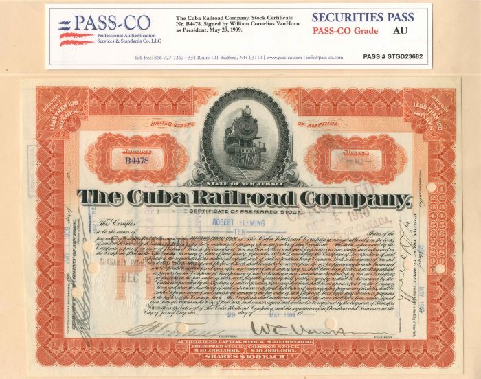 Cuba Railroad Co. signed by W.C. VanHorne - Stock Certificate