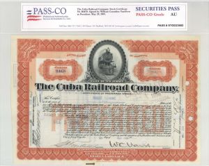Cuba Railroad Co. signed by W.C. VanHorne - 1909 dated Autographed PASS-CO Authenticated Stock Certificate