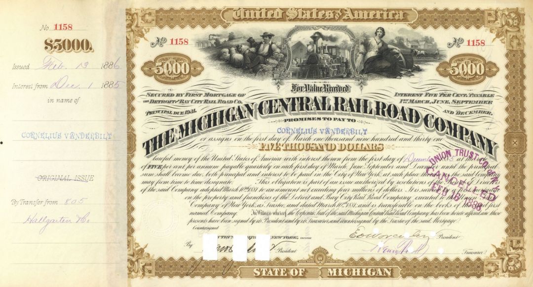 Michigan Central Railroad Co. issued to Cornelius Vanderbilt Jr. - 1885 dated $5,000 Railway Bond