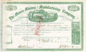 Mercer Mining and Manufacturing Co. Issued to Roosevelt and Son - 1884 or 1869 dated Stock Certificate