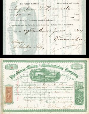 Mercer Mining and Manufacturing Co. transferred to Anna L. Roosevelt - 1869 dated Stock Certificate