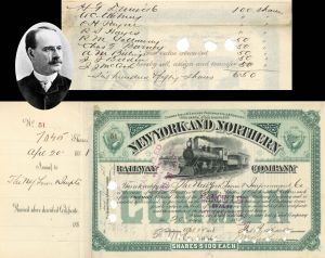 New York and Northern Railway Co. Transferred to W.C. Whitney - 1888 dated Autographed Stock Certificate