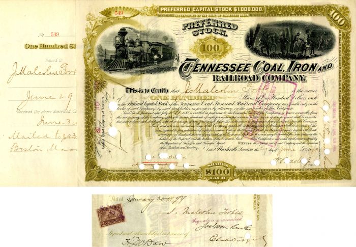 Tennessee Coal, Iron and Railroad Co. signed by J. Malcolm Forbes - Stock Certificate