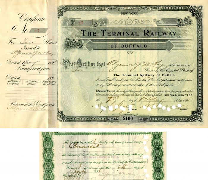 Terminal Railway of Buffalo Transferred to C. Vanderbilt (Jr.) - Stock Certificate