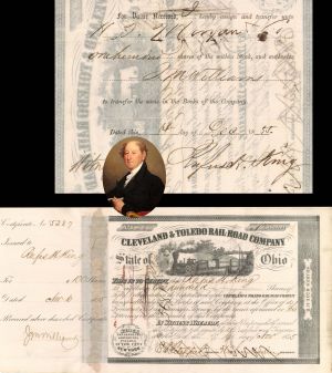Cleveland and Toledo Rail-Road Co. signed by Rufus H. King - 1855 dated Autographed Stock Certificate