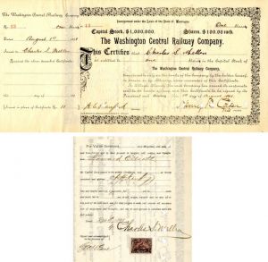 Washington Central Railway Co. issued to and signed by Charles S. Mellen and Geo. H. Earl - Stock Certificate