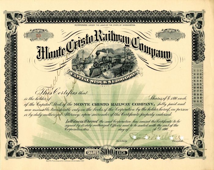 Monte Cristo Railway Co. signed by C.S. Mellen - Stock Certificate