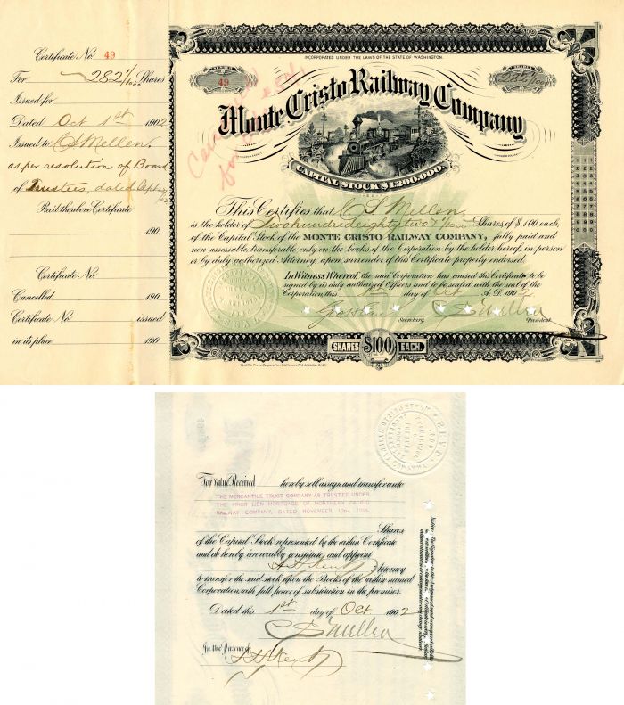 Monte Cristo Railway Co. signed by Charles Sanger Mellen - Stock Certificate