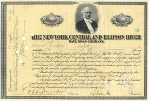 New York Central and Hudson River Railroad Co. signed by E.V.W. Rossiter - 1894 dated Autographed Stock Certificate