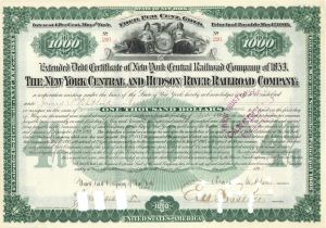 New York Central and Hudson River Railroad Co. signed by Chauncey M. Depew - 1893 dated Autographed $1,000 Bond