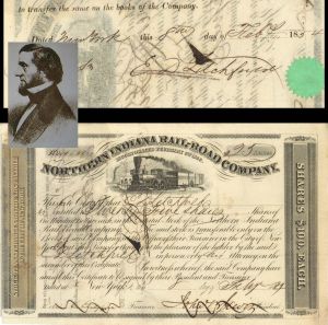 Northern Indiana Rail-Road Co. issued to  E.D. Litchfield and signed by Edwin C. Litchfield - 1854 dated Autographed Stock Certificate